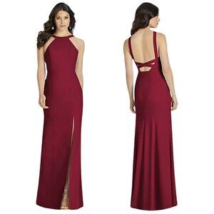 Dessy Collection NWT High-Neck Backless Crepe Trumpet Gown, Burgundy Red 10